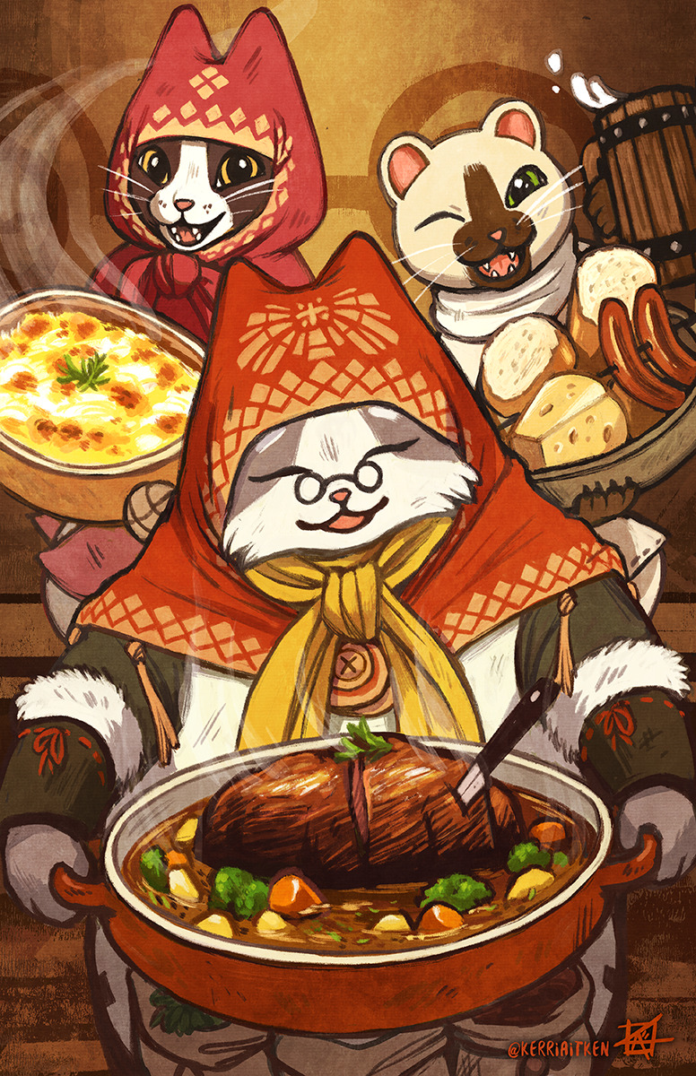 animal_hood, bread, cat, cat_hood, cheese, fangs, felyne, food, glasses, grammeowster_chef, highres, hood, kerri_aitken, knife, looking_at_viewer, monster_hunter:_world, monster_hunter_(series), oven_mitts, roast_beef, round_eyewear, sausage, stew, tankard
