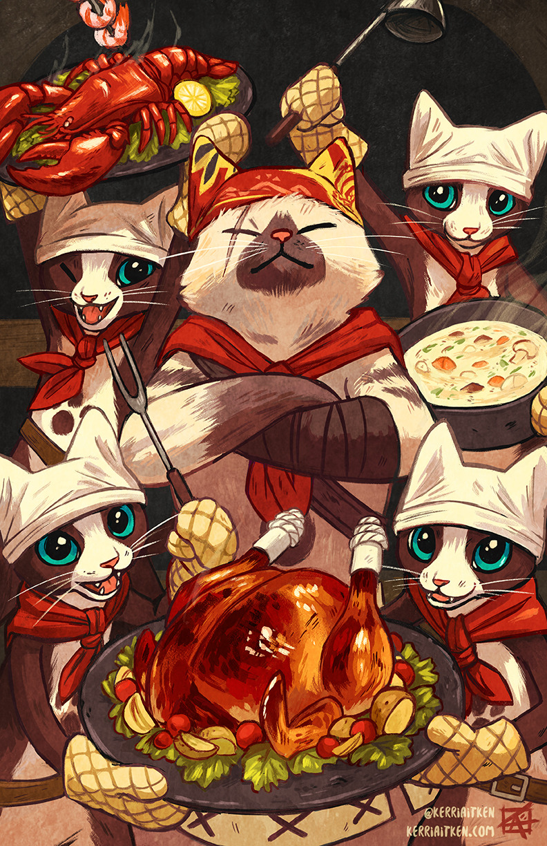 animal_ears, ascot, bandana, cat, cat_ears, crossed_arms, fangs, felyne, food, highres, kerri_aitken, lobster, looking_at_viewer, meowscular_chef, monster_hunter:_world, monster_hunter_(series), no_humans, oven_mitts, plate, scar, smile, soup, turkey_(food), whiskers