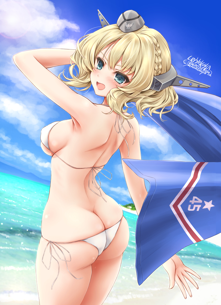 1girl, ass, beach, bikini, blonde_hair, blue_eyes, blue_sky, braid