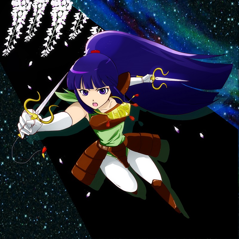 1girl, angry, blue_eyes, blue_hair, chest_plate, female_focus, flying, kayura, leotard, looking_at_viewer, open_mouth, pantyhose, ponytail, preistess, yoroiden_samurai_troopers, sidelocks, solo, sunrise_(company), sword, weapon