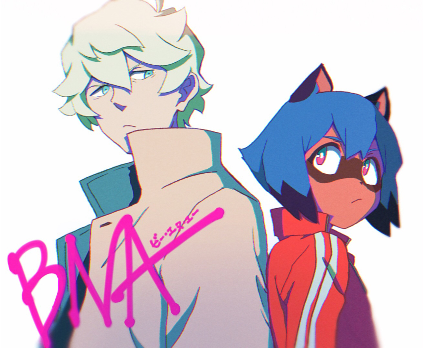 1boy, 1girl, arashi_(boom_sate225), back-to-back, blonde_hair, blue_eyes, blue_hair, brand_new_animal