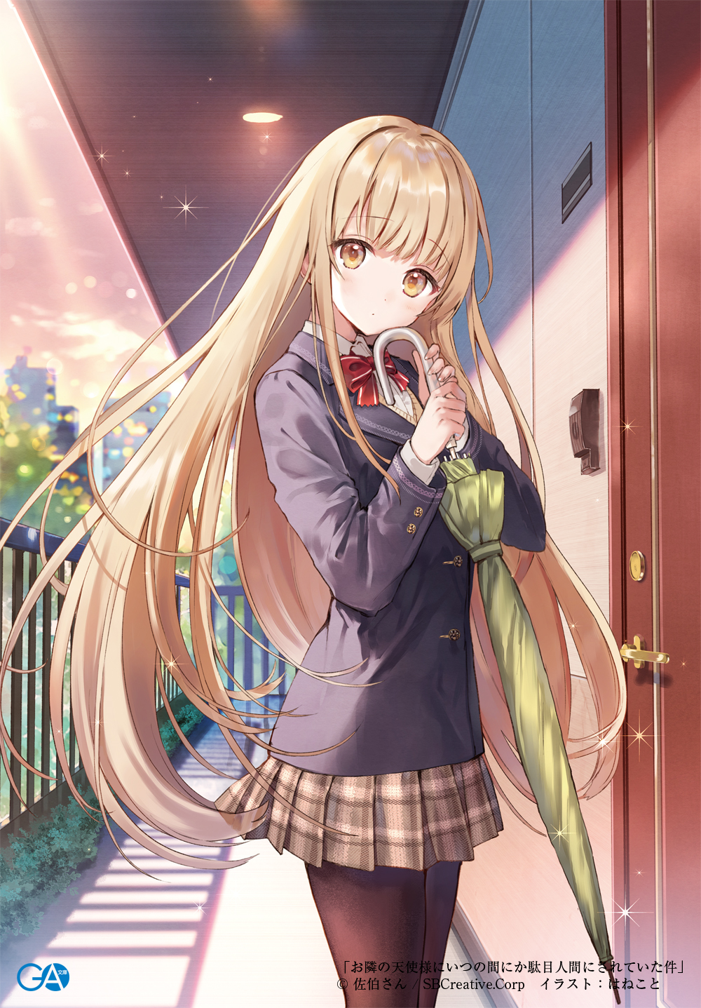1girl, blazer, blonde_hair, blue_jacket, blush, bow, brown_eyes, brown_pantyhose