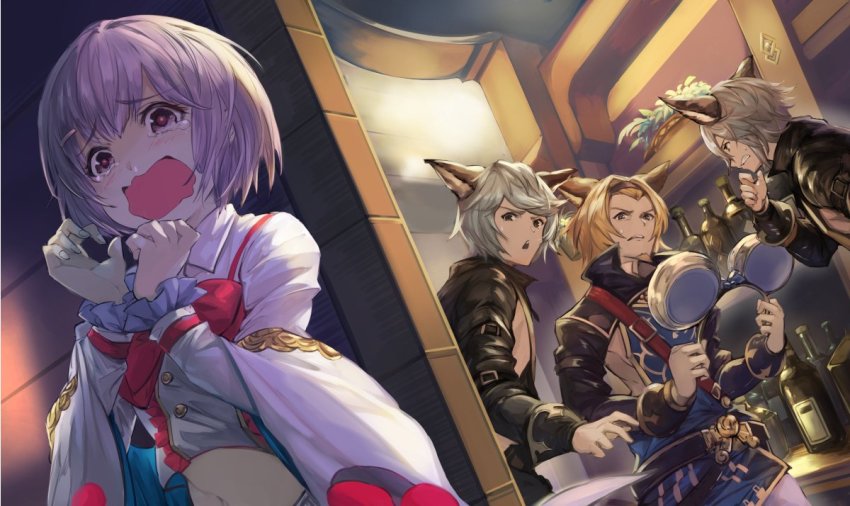 1girl, 3boys, animal_ears, beard, blonde_hair, brown_eyes, brown_hair, confused