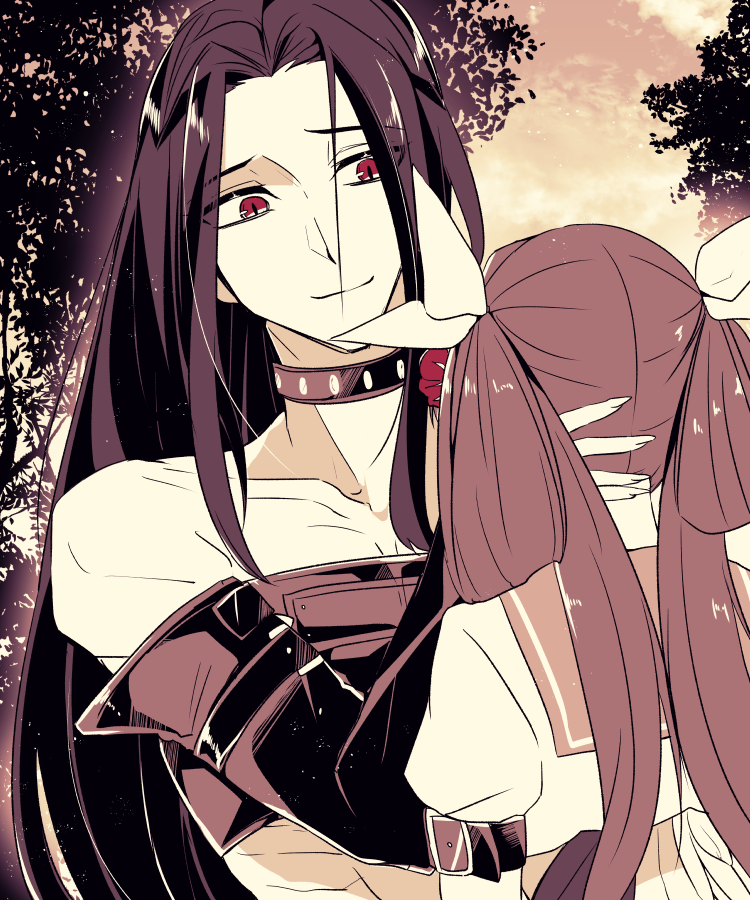 1boy, 1girl, belt, black_hair, black_shirt, choker, dizzy_(guilty_gear), dress, fingernails, forest, goth_fashion, guilty_gear, guilty_gear_xx, monochrome, nature, red_eyes, s2cikn_(yuzu), sailor_dress, sharp_fingernails, shirt, testament_(guilty_gear), tree, wings