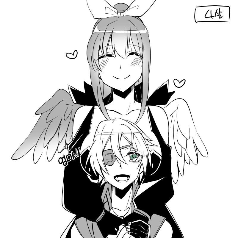 1boy, 1girl, arc_system_works, asymmetrical_wings, black_dress, blue_eyes, breasts, closed_eyes