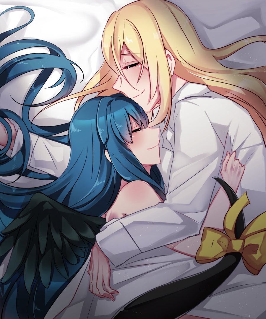 1boy, 1girl, arm_support, asymmetrical_wings, bed, bed_sheet, blonde_hair, blue_hair