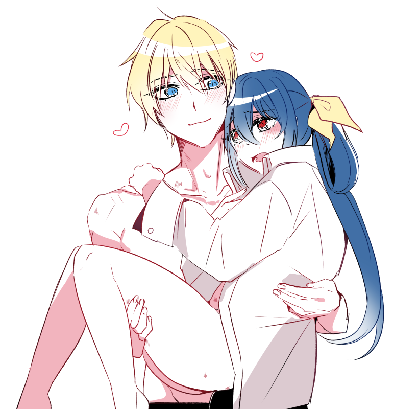 1boy, 1girl, bare_legs, bare_pectorals, blonde_hair, blue_eyes, blue_hair, bottomless, carrying, coat, dizzy_(guilty_gear), dress_shirt, guilty_gear, guilty_gear_xrd, guilty_gear_xx, hair_between_eyes, hair_ribbon, heart, husband_and_wife, ky_kiske, long_hair, navel, pectorals, princess_carry, red_eyes, ribbon, s2cikn_(yuzu), shirt, short_hair, simple_background, thighs, twintails, white_coat