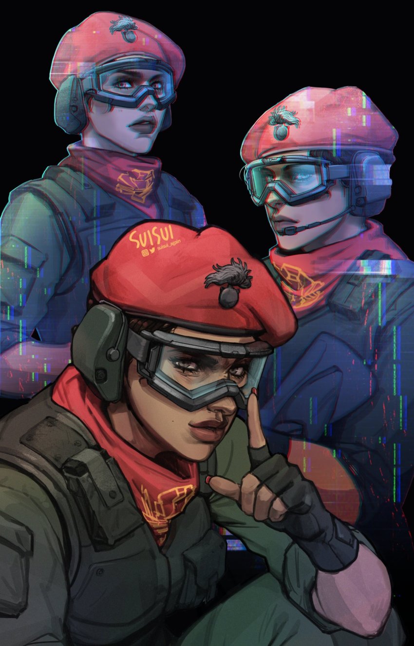 alibi_(rainbow_six_siege), artist_name, beret, black_hair, brown_hair, commentary, dark_skin, ear_protection, earmuffs, english_commentary, fingerless_gloves, gloves, goggles, hat, headset, highres, hologram, index_finger_raised, lips, looking_at_viewer, military_operator, nail_polish, neckerchief, nose, rainbow_six_siege, red_headwear, short_hair, suisui_again, twitter_username