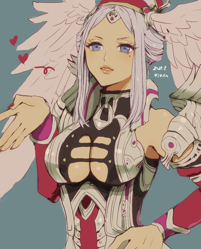 1girl, armor, blowing_kiss, breasts, cleavage_cutout, clothing_cutout, detached_sleeves, female_focus, grey_background, grey_eyes, hand_on_own_hip, head_wings, heart, lips, lorithia_(xenoblade), medium_breasts, mole, mole_under_eye, nintendo, silver_hair, solo, wings, xenoblade_chronicles_(series), xenoblade_chronicles_1, yamamori_kinako