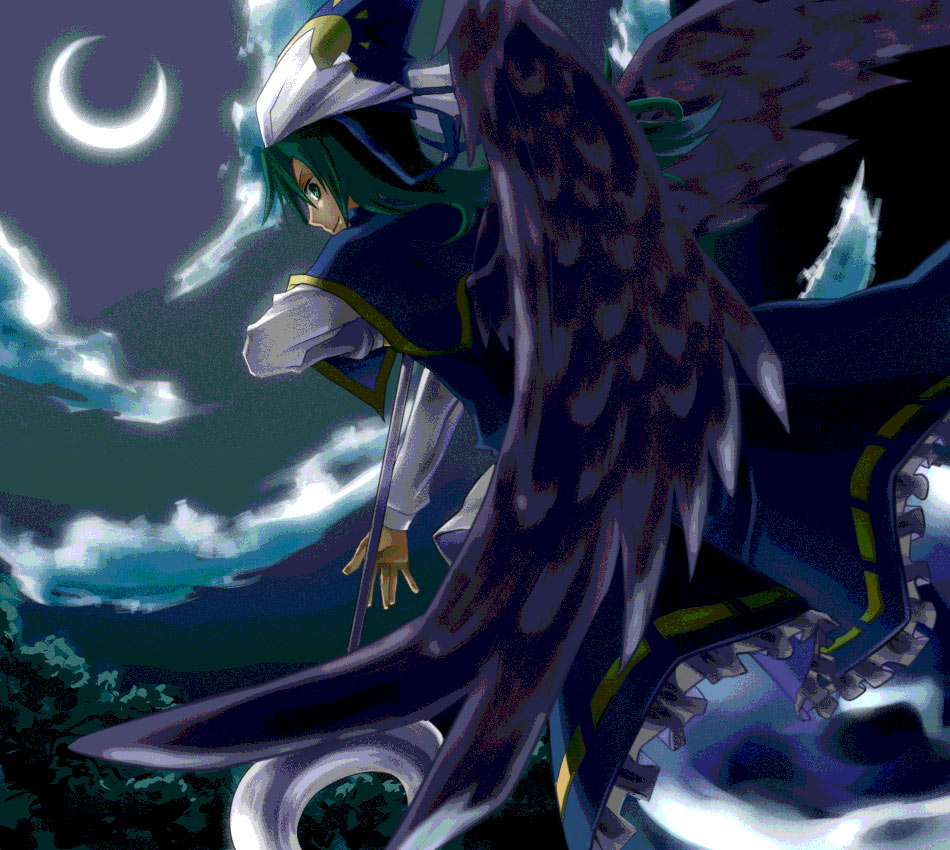 1girl, bad_id, bad_pixiv_id, crescent_moon, female_focus, green_eyes, green_hair, hat