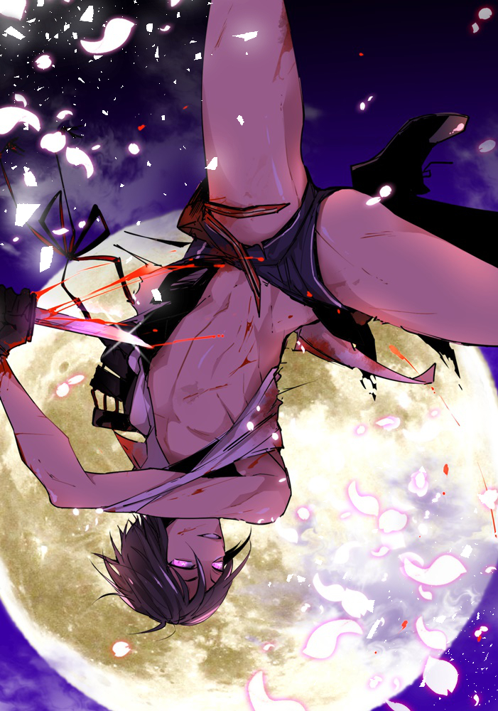 1boy, bad_id, bad_pixiv_id, black_gloves, black_hair, blood, cuts, full_moon, gloves, glowing, glowing_eyes, grin, injury, katsugeki/touken_ranbu, kneehighs, looking_at_viewer, male_focus, moon, no_nipples, pectorals, purple_eyes, shinozaki_kyouko, short_hair, short_shorts, shorts, smile, socks, solo, thighs, touken_ranbu, yagen_toushirou