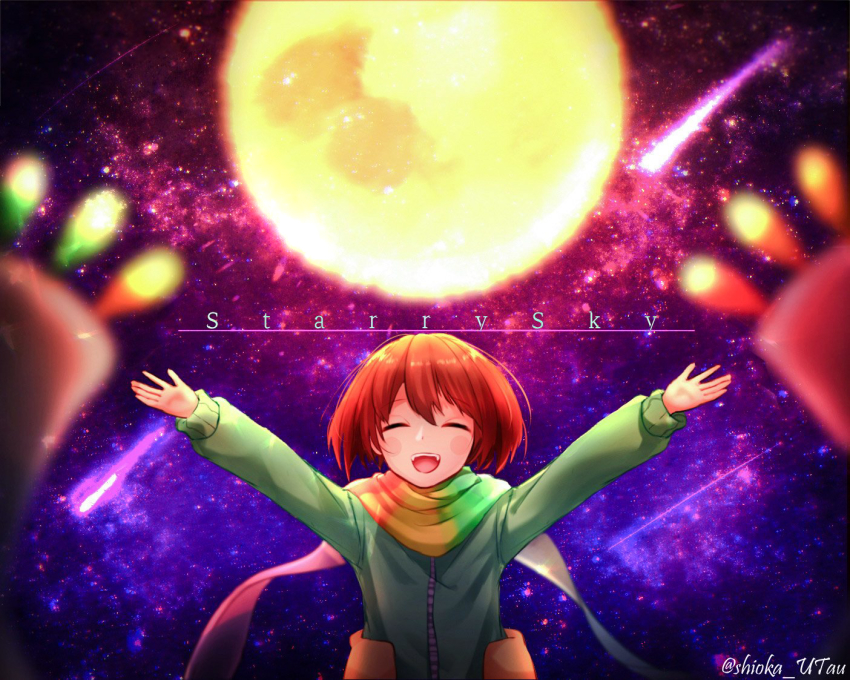 1other, bad_id, bad_pixiv_id, chara_(undertale), english_text, full_moon, moon, rainbow_scarf