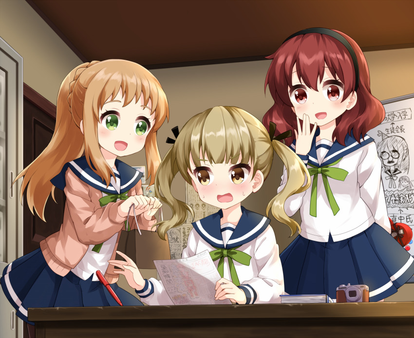 3girls, :d, arm_behind_back, bag, black_hairband, black_ribbon, blue_sailor_collar, blue_skirt, blush, bow, braid, brown_eyes, brown_hair, brown_legwear, camera, commentary_request, door, gift, green_bow, green_eyes, hair_ribbon, hairband, hand_to_own_mouth, hand_up, highres, holding, holding_bag, holding_gift, ibe_sayuri, indoors, inose_mai, koisuru_asteroid, konohata_misa, long_sleeves, manaka_ao, multiple_girls, open_mouth, pantyhose, pencil, pleated_skirt, ponytail, ponytail_with_braided_base, ribbon, ruu_(tksymkw), sailor_collar, school_uniform, serafuku, shirt, skirt, smile, sweat, twintails, usami_ayano, valentine, white_shirt, whiteboard