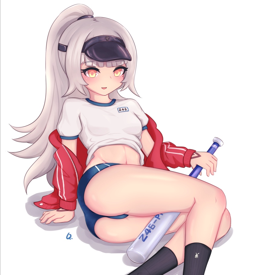 1girl, absurdres, azur_lane, baseball_bat, between_legs, black_socks, blue_buruma, blush