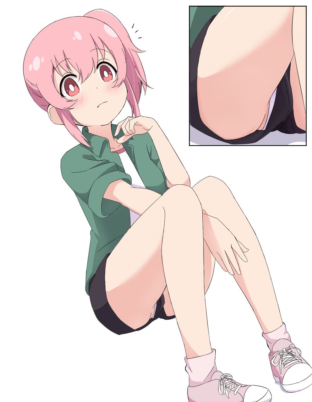 1girl, bad_id, bad_twitter_id, black_shorts, blush, closed_mouth, collared_shirt, commentary