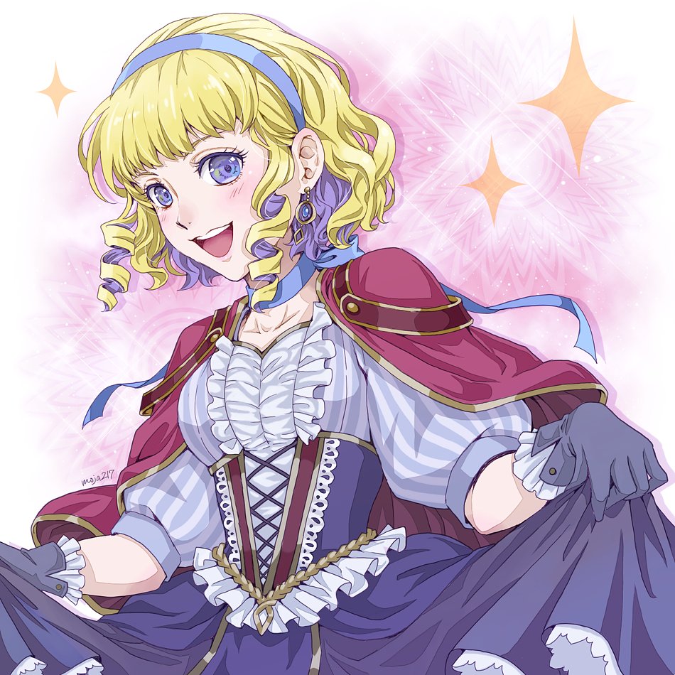 1girl, alternate_costume, artist_name, blonde_hair, blue_eyes, blue_hairband, constance_von_nuvelle, dress