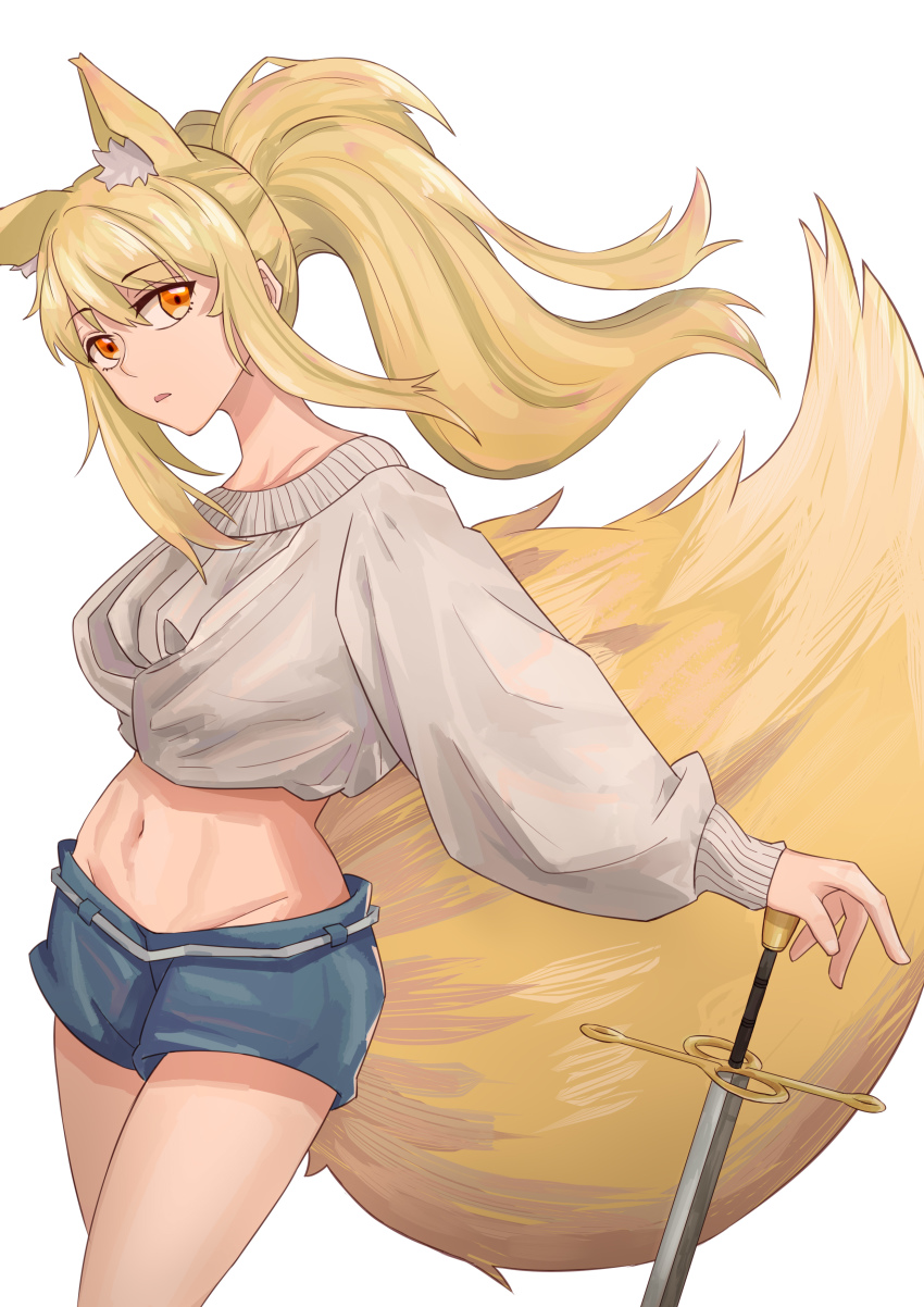 1girl, absurdres, alternate_costume, animal_ear_fluff, animal_ears, arknights, blonde_hair, blue_shorts