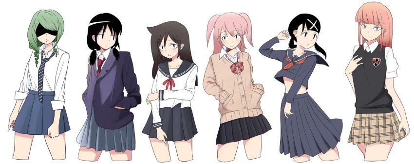 6+girls, alternate_costume, black_hair, blazer, blunt_bangs, cardigan, hand_in_pocket, highres