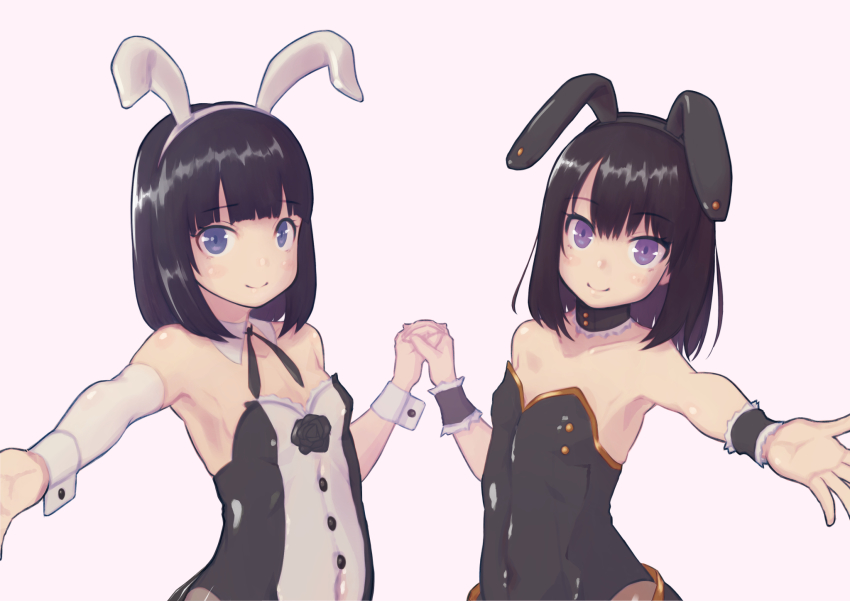 2girls, animal_ears, armpit_crease, bare_shoulders, black_hair, blunt_bangs, closed_mouth, fake_animal_ears