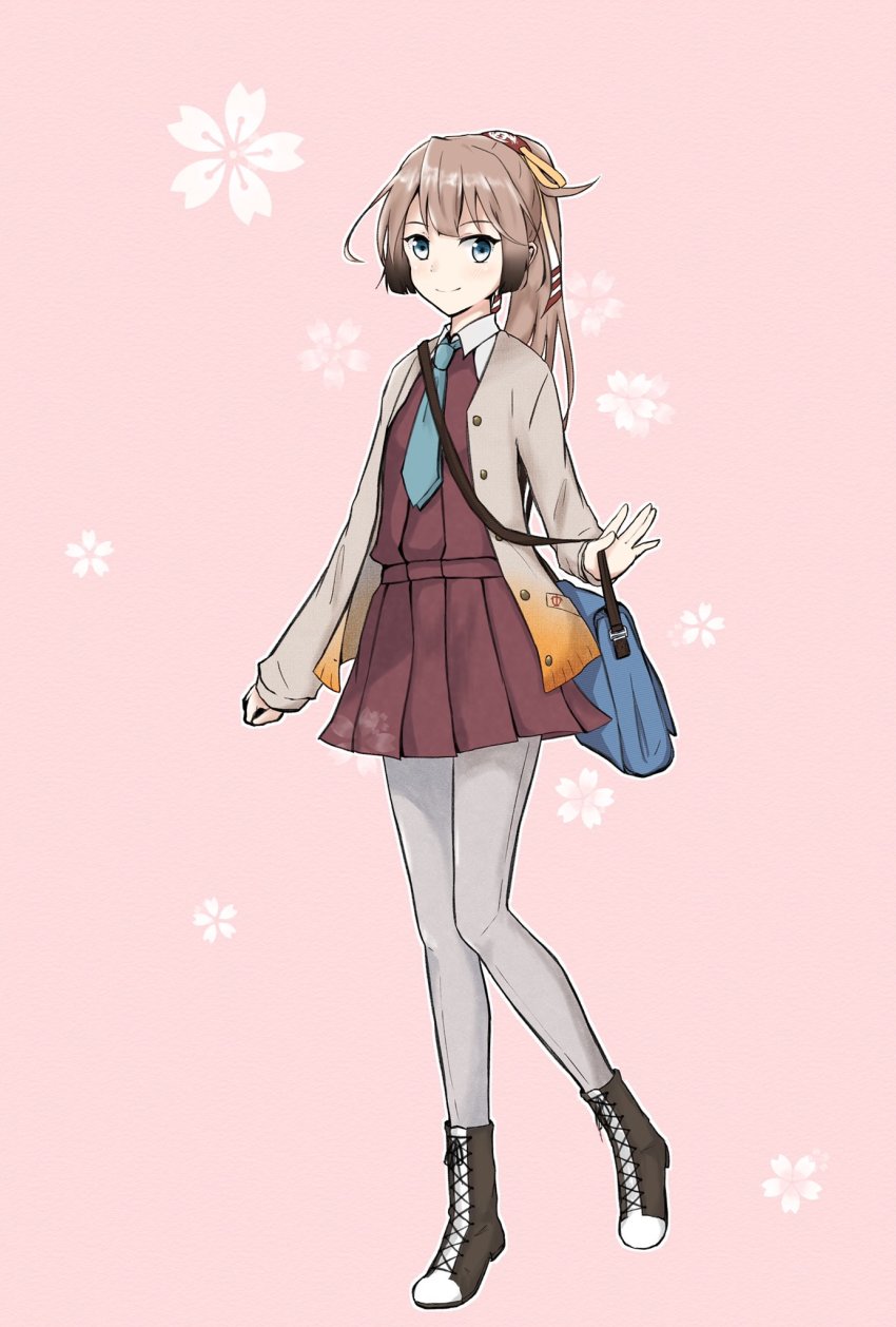 1girl, bag, boots, brown_hair, cardigan, commentary_request, dress, female_focus