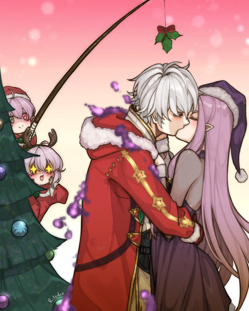 2boys, 2girls, :d, aura, child, christmas, christmas_tree, commission