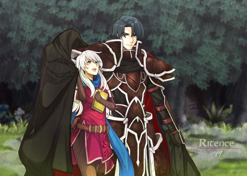 1boy, 1girl, :d, absurdres, armor, artist_name, bangle, belt