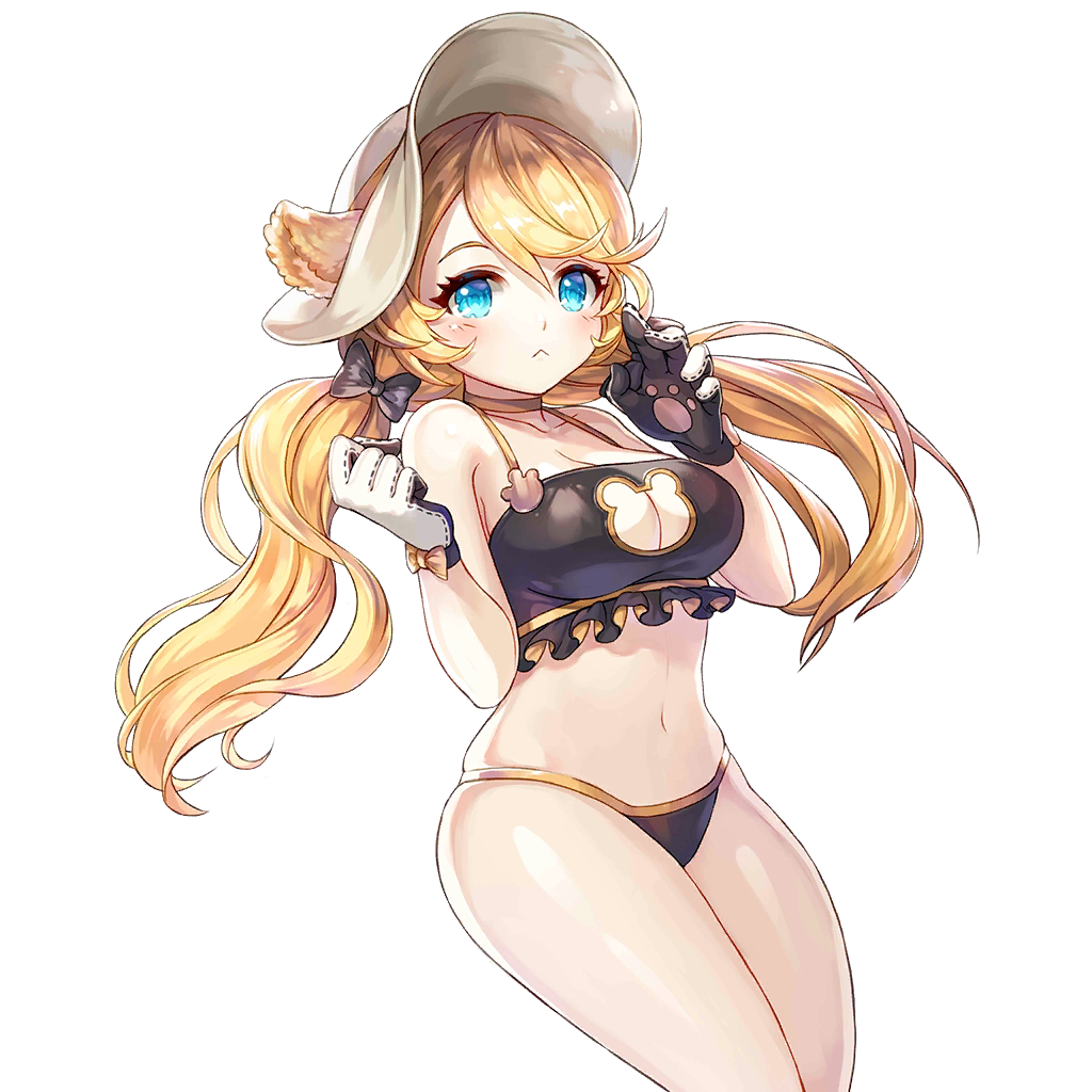 1girl, animal_ears, artist_request, bare_shoulders, black_bra, blonde_hair, blue_eyes, bow, bra, breasts, cat_ears, choker, cleavage, cleavage_cutout, clothing_cutout, collarbone, female_focus, hair_bow, halterneck, king's_raid, large_breasts, long_hair, looking_at_viewer, official_art, rodina_(king's_raid), solo, swimsuit, tagme, transparent_background, twintails, underwear, underwear_only