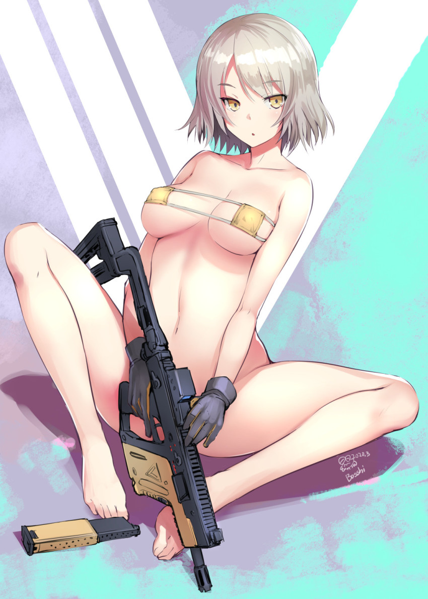 1girl, barefoot, bikini, bosshi, breasts, collarbone, commentary_request, covered_erect_nipples, eyepatch_bikini, female_focus, girls'_frontline, gloves, grey_hair, gun, highres, holding, holding_gun, holding_weapon, kriss_vector, large_breasts, looking_at_viewer, micro_bikini, short_hair, sitting, solo, submachine_gun, swimsuit, vector_(girls'_frontline), weapon, yellow_bikini, yellow_eyes