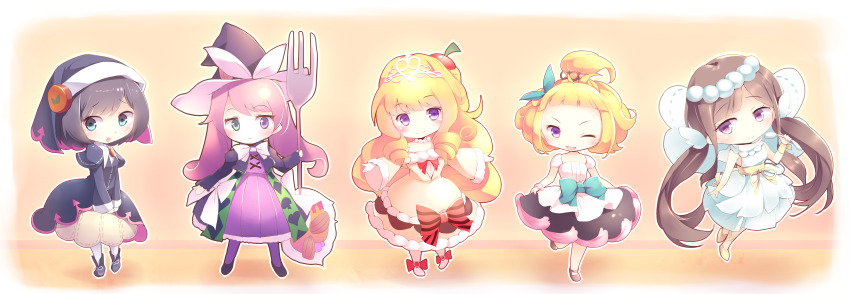 5girls, :o, ;d, absurdres, angel_wings, ankle_bow, ankle_ribbon, black_capelet