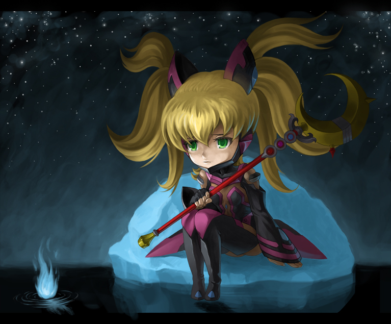 00s, 1girl, blonde_hair, chibi, female_focus, glaive_(polearm), green_eyes, ice, night, outdoors, polearm, shinko, shishidou_nami, sky, solo, sora_wo_kakeru_shoujo, spoilers, star_(sky), starry_sky, weapon