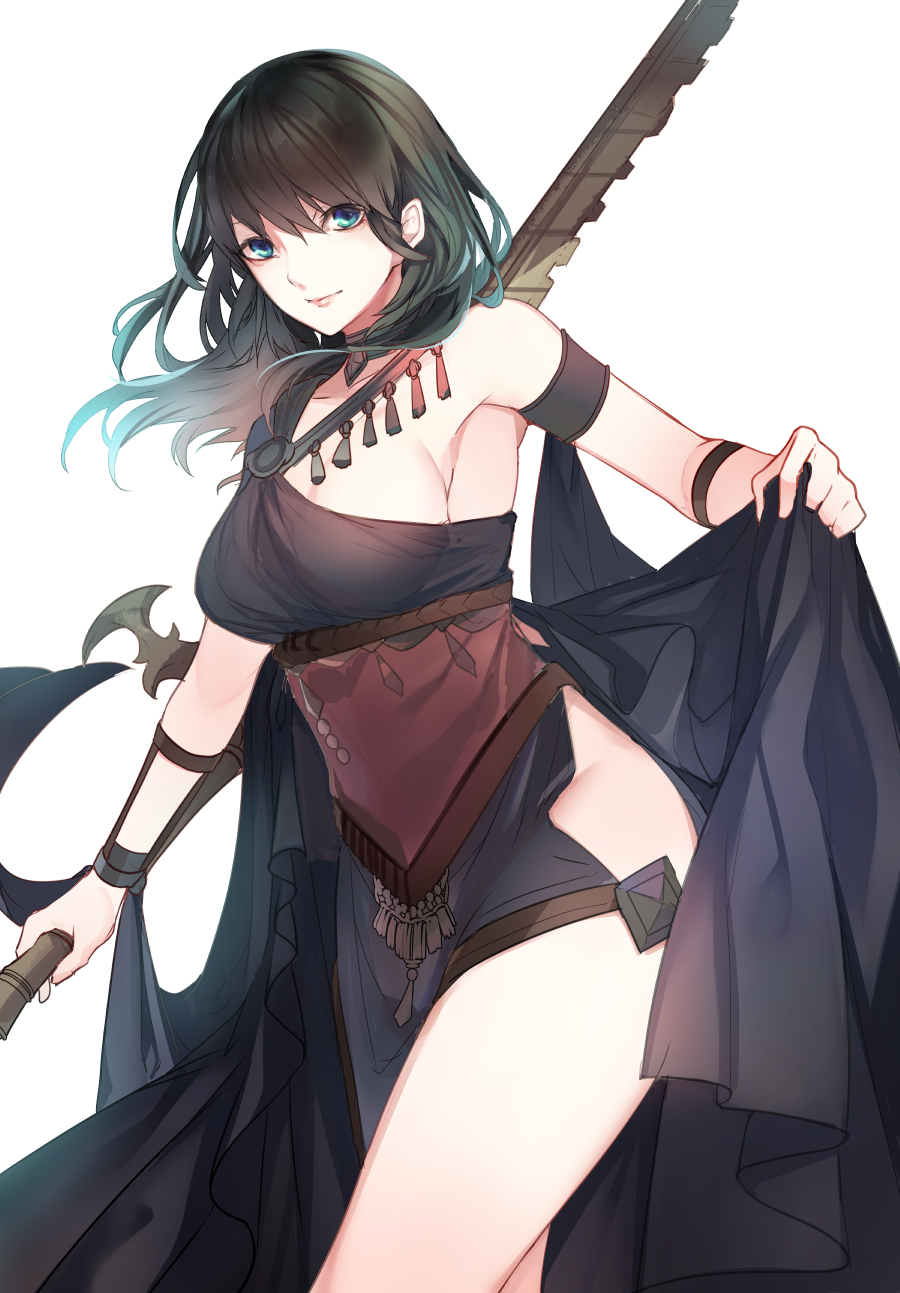 1girl, armlet, bare_shoulders, black_hair, blue_eyes, breasts, female_byleth_(fire_emblem), closed_mouth