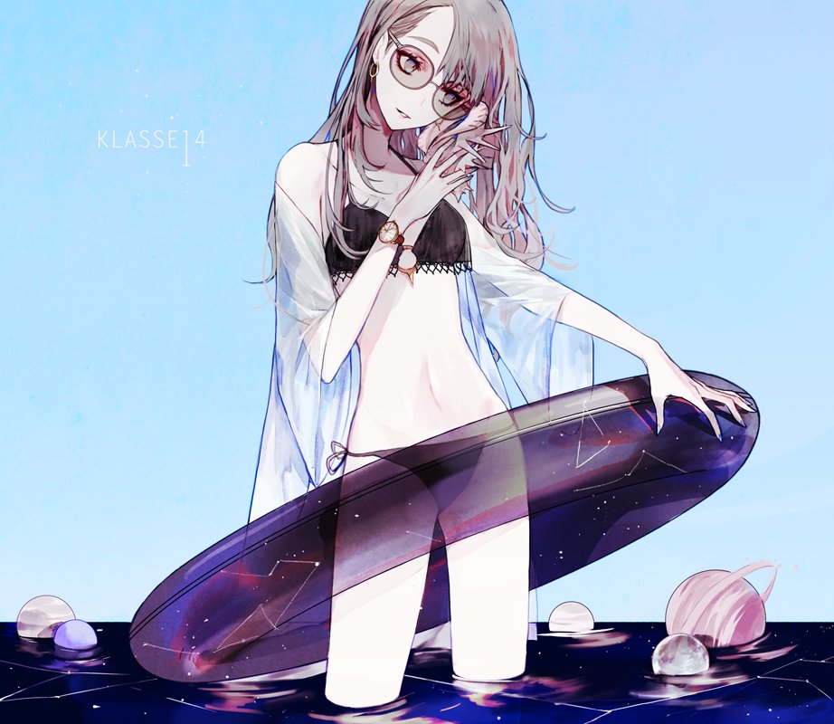 1girl, bikini, black_bikini, blue_background, breasts, copyright_name, cowboy_shot, earrings