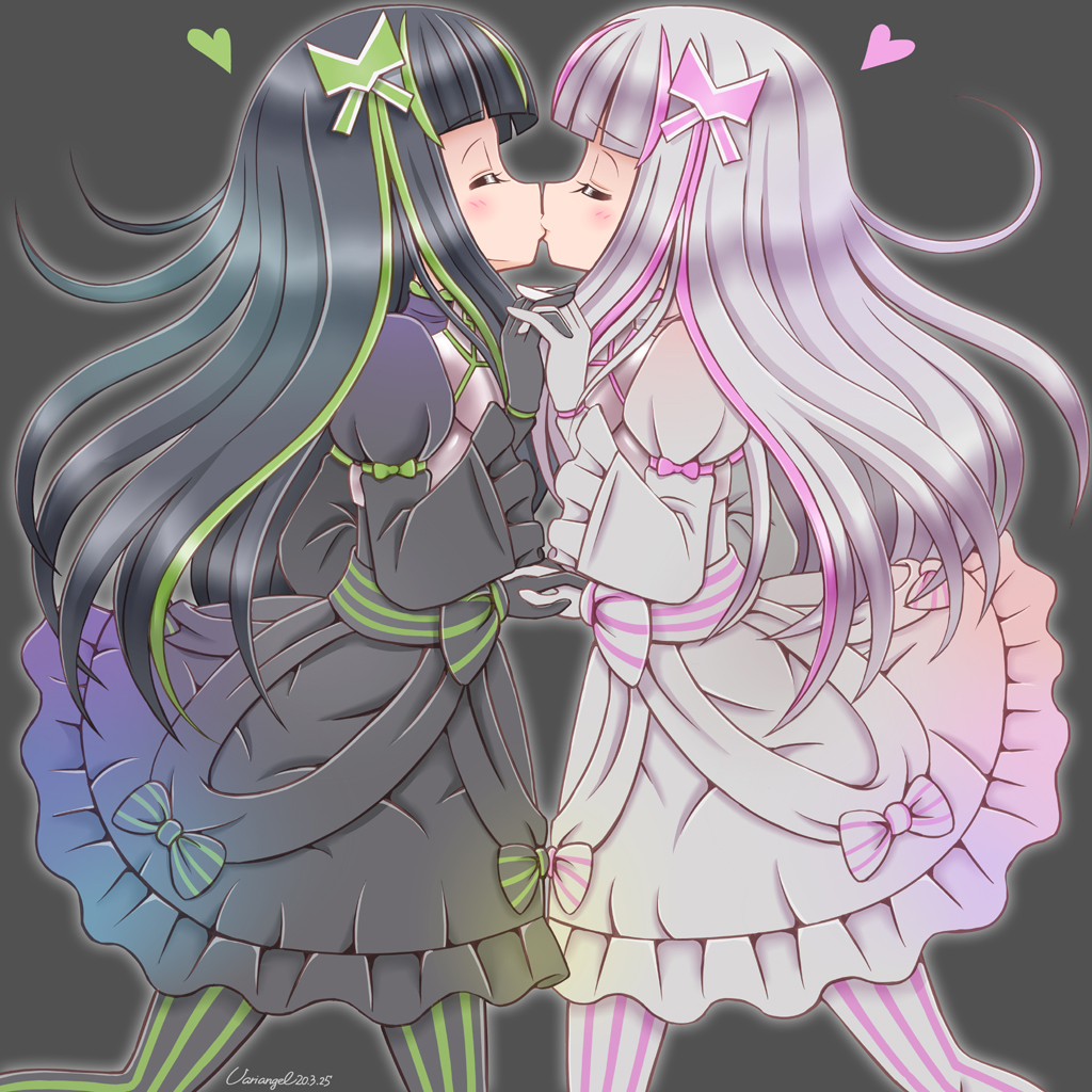 2girls, armor, black_dress, black_hair, black_legwear, black_ribbon, blush, breastplate, closed_eyes, couple, dress, frilled_dress, frilled_sleeves, frills, gothic_lolita, green_hair, green_legwear, green_ribbon, heart, holding_hands, incest, interlocked_fingers, itai_no_wa_iya_nano_de_bougyoryoku_ni_kyokufuri_shitai_to_omoimasu, kiss, lolita_fashion, long_hair, long_sleeves, may_(bofuri), multicolored_hair, multiple_girls, pantyhose, pink_hair, pink_legwear, pink_ribbon, ribbon, siblings, simple_background, sisters, streaked_hair, striped_clothes, striped_legwear, striped_pantyhose, striped_ribbon, symmetry, twincest, twins, variangel, vertical-striped_clothes, vertical-striped_pantyhose, very_long_hair, white_dress, white_hair, white_legwear, white_ribbon, yui_(bofuri), yuri