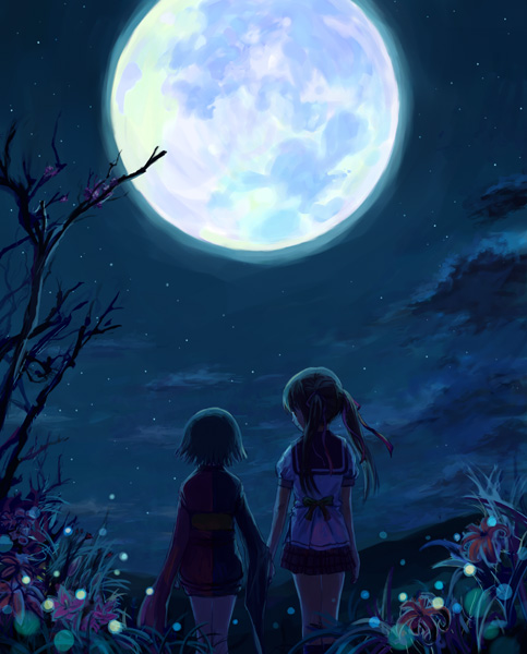 2girls, akaiito, flower, holding_hands, hato_ya_hato, hatou_kei, japanese_clothes, moon