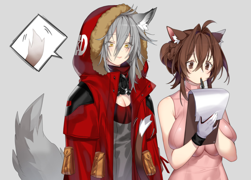 2girls, ahoge, animal_ear_fluff, animal_ears, arknights, blush, braid, breasts, brown_eyes, brown_hair, cat_ears, cat_girl, cat_tail, cleavage, clipboard, coat, commentary, crown_braid, deathalice, doctor_(arknights), dress, english_commentary, female_doctor_(arknights), fur-trimmed_hood, fur_trim, fur_trimm, gas_mask, gloves, grey_background, grey_hair, grey_shirt, hair_between_eyes, hair_bun, highres, hood, hooded_coat, large_breasts, lips, long_hair, looking_at_another, looking_down, mask, mask_around_neck, medium_breasts, medium_hair, multiple_girls, paper, pen, pen_to_mouth, pink_dress, projekt_red_(arknights), reading, red_coat, respirator, shirt, simple_background, single_hair_bun, sleeveless, sleeveless_dress, spoken_tail, standing, tail, tail_wagging, taut_clothes, tight_clothes, tight_dress, turtleneck, turtleneck_dress, upper_body, white_gloves, wolf_ears, wolf_girl, wolf_tail, yuri