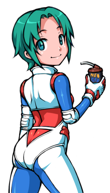 1girl, ass, bodysuit, cowboy_shot, gloves, green_hair, smile, yamazaki_kaoru_(snk)