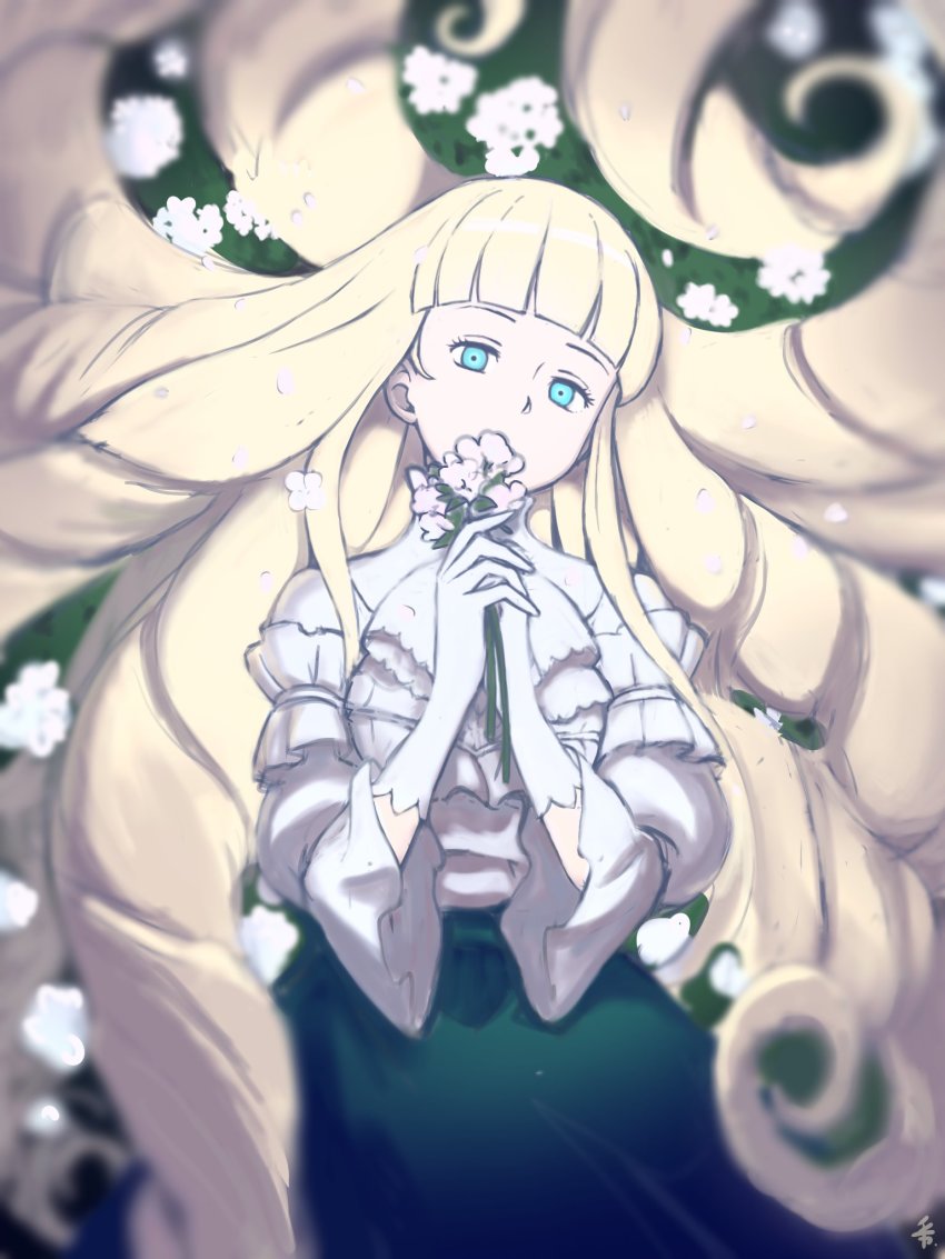 big_hair, blonde_hair, blue_eyes, blurry, blurry_background, dianna_soreil, flower, frills