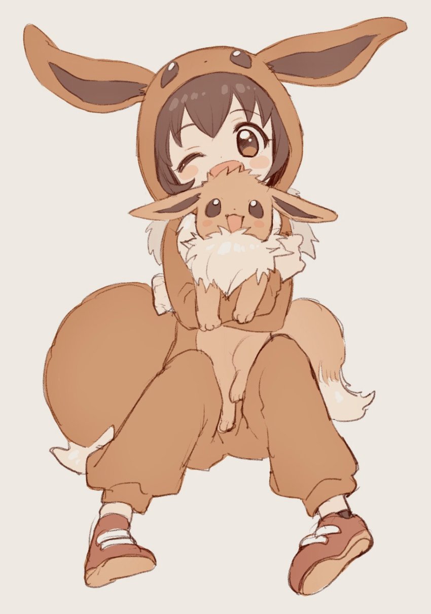 1girl, ;d, amezawa_koma, ankle_socks, black_legwear, blush_stickers, brown_eyes, brown_footwear, brown_hair, commentary_request, cosplay, eevee, eevee_(cosplay), eevee_costume, eevee_ears, eevee_tail, full_body, gen_1_pokemon, grey_background, highres, hug, knees_up, nintendo, one_eye_closed, open_mouth, poke_kid_(pokemon), pokemon, pokemon_sword_and_shield, pokemon_tail, shoe_soles, shoes, simple_background, sitting, smile, socks, tail