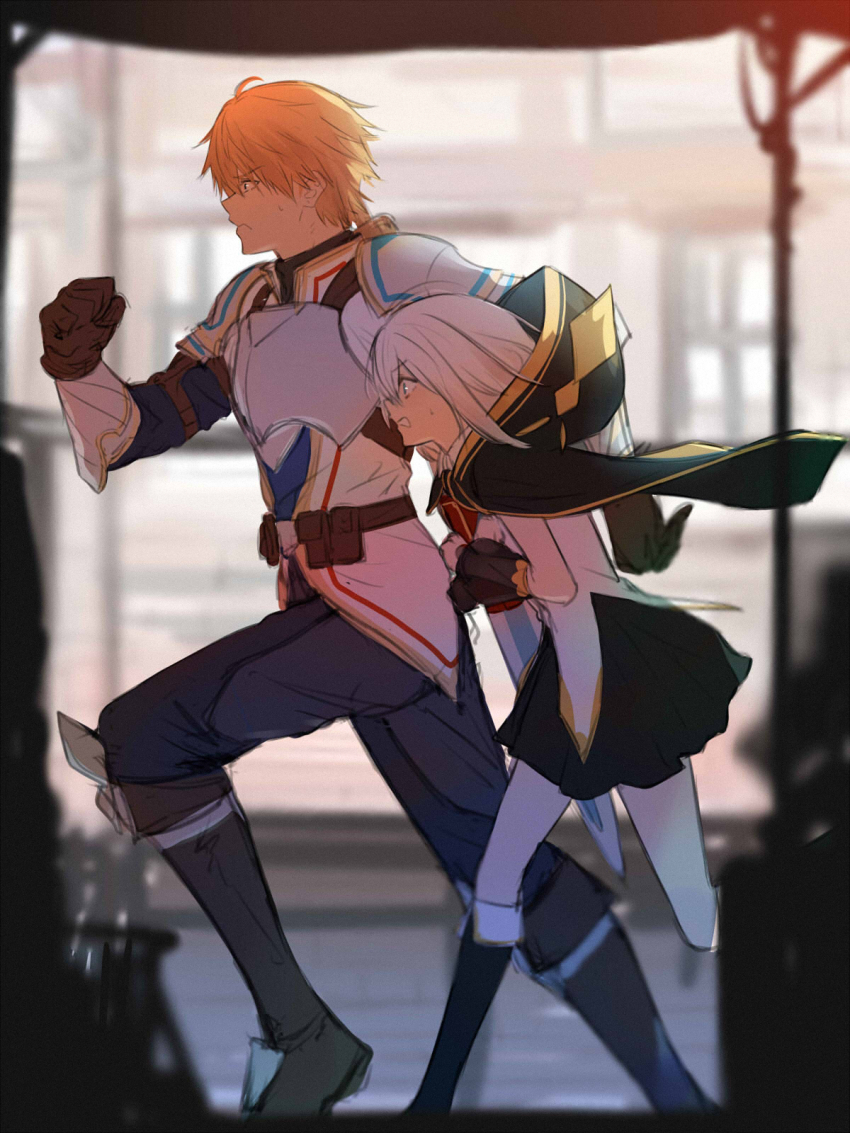 1boy, 1girl, armor, ars_almal, ars_almal_(1st_costume), black_footwear, black_skirt, blonde_hair, blue_eyes, book, boots, closed_mouth, ex_albio, ex_albio_(1st_costume), feet_out_of_frame, from_side, gloves, hair_between_eyes, highres, holding, holding_book, hood, hood_down, isshiki_(ffmania7), miniskirt, nijisanji, running, shirt, skirt, sleeveless, sweatdrop, virtual_youtuber, white_hair, white_shirt