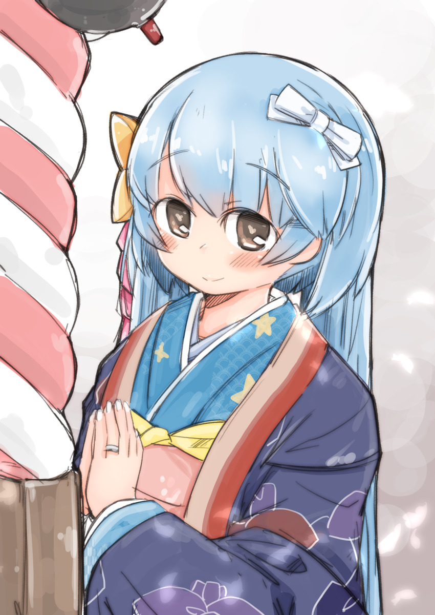 1girl, alternate_hairstyle, blue_hair, brown_eyes, enjaku_izuku, female_focus, hair_ribbon, hatsumoude