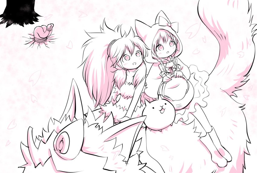 2girls, animal, cherry_blossoms, flower, high_ponytail, highres, minya_(nyanko_daisensou), multiple_girls