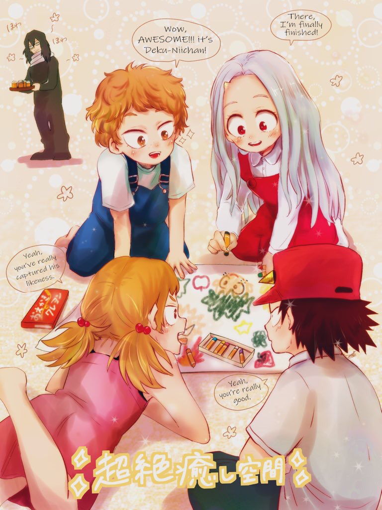 2girls, 3boys, barefoot, boku_no_hero_academia, child, aizawa_shota, eri_(boku_no_hero_academia), itokichi, izumi_kota, japanese_text, multiple_boys, multiple_girls, open_mouth, shimano_katsuma, shimano_mahoro, translated