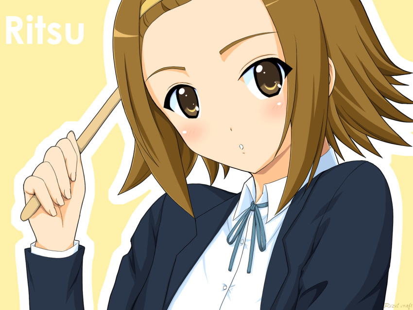 00s, 1girl, blush, brown_hair, drumsticks, female_focus, hairband, k-on!