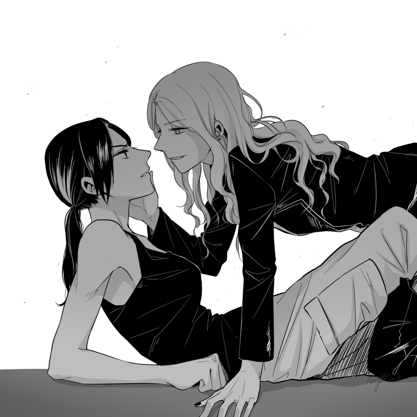 2girls, absurdres, arm_support, bare_arms, bare_shoulders, breasts, commentary, english_commentary