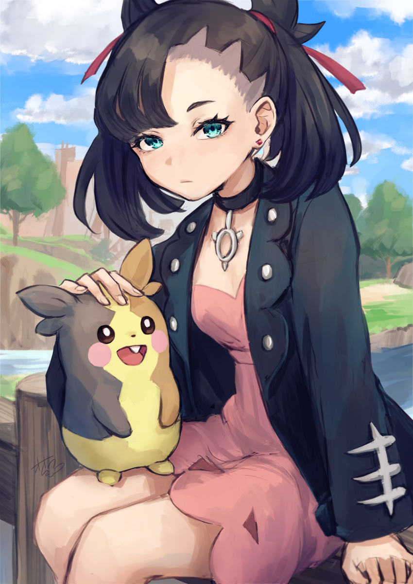 1girl, absurdres, asymmetrical_bangs, black_hair, black_jacket, blue_eyes, blue_sky, blush_stickers