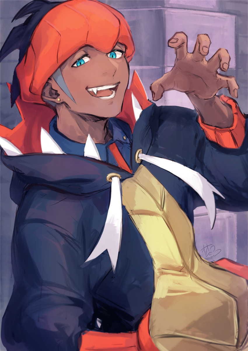 1boy, :d, absurdres, beanie, black_hoodie, blue_eyes, blue_shirt, brick_wall