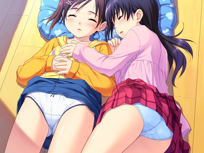 2girls, ass, bad_id, black_hair, blue_panties, blue_skirt, blush, bow, bow_panties, brown_hair, closed_eyes, clothes_lift, clothes_writing, collarbone, crotch_seam, denim, denim_skirt, flat_chest, from_above, from_below, game_cg, hair_ornament, hand_on_another's_chest, hands_on_own_stomach, holding_hands, hood, hoodie, incest, kurayama_aya, kurayama_saya, loli, long_hair, long_sleeves, lying, meishoujo, multiple_girls, nonohara_miki, open_mouth, panties, pillow, pink_shirt, polka_dot, polka_dot_panties, red_skirt, shirt, siblings, sisters, skirt, skirt_lift, sleeping, tanuki-soft, twintails, underwear, white_panties, x_hair_ornament, yellow_hoodie, yuri