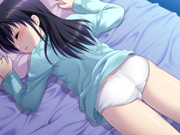 1girl, ass, bad_id, bed, black_hair, blue_shirt, blush, closed_eyes, female_focus, from_above, game_cg, kurayama_saya, loli, long_hair, long_sleeves, lying, meishoujo, nonohara_miki, open_mouth, pajamas, panties, pillow, print_shirt, shirt, sleeping, solo, star_(symbol), star_print, tanuki-soft, underwear, white_panties