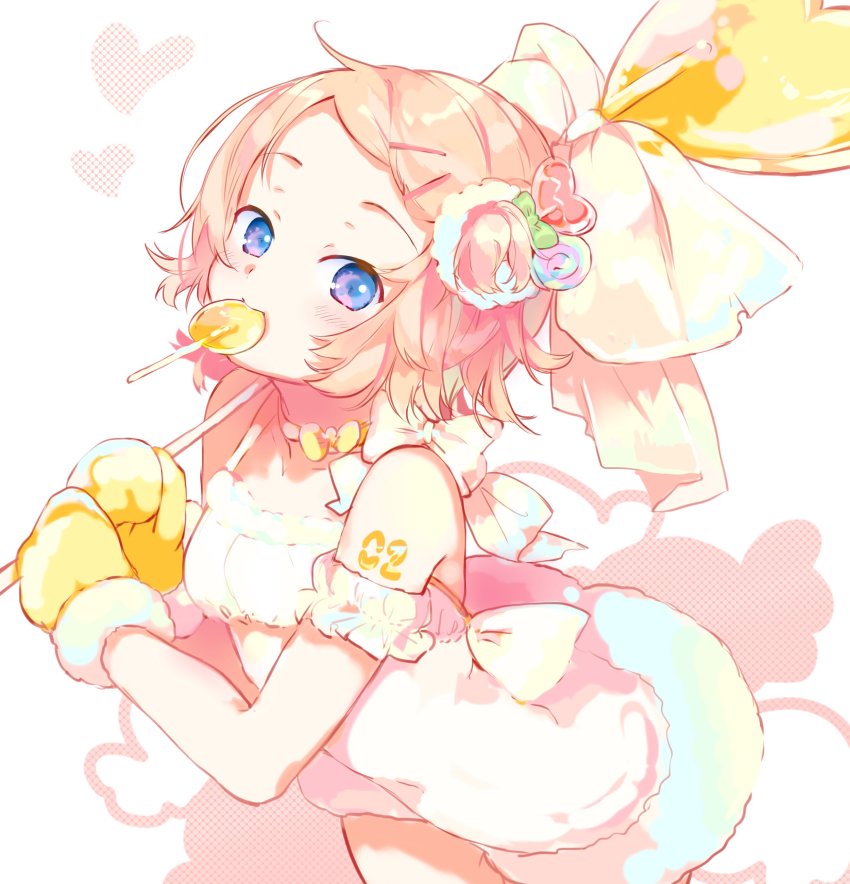 1girl, absurdres, arm_scrunchie, blue_eyes, blush, bow, candy, candy_hair_ornament