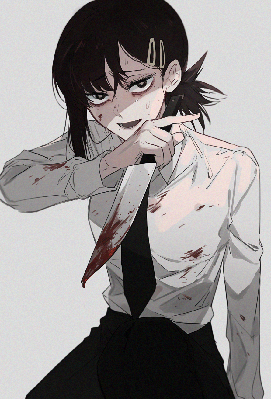 1girl, black_eyes, black_hair, black_necktie, black_skirt, blood, blood_on_clothes, bloody_knife, chainsaw_man, collared_shirt, commentary, cowboy_shot, ebanoniwa, english_commentary, female_focus, hair_ornament, hairclip, higashiyama_kobeni, highres, kitchen_knife, knife, long_sleeves, mole, mole_under_eye, necktie, ponytail, shirt, skirt, solo, white_shirt